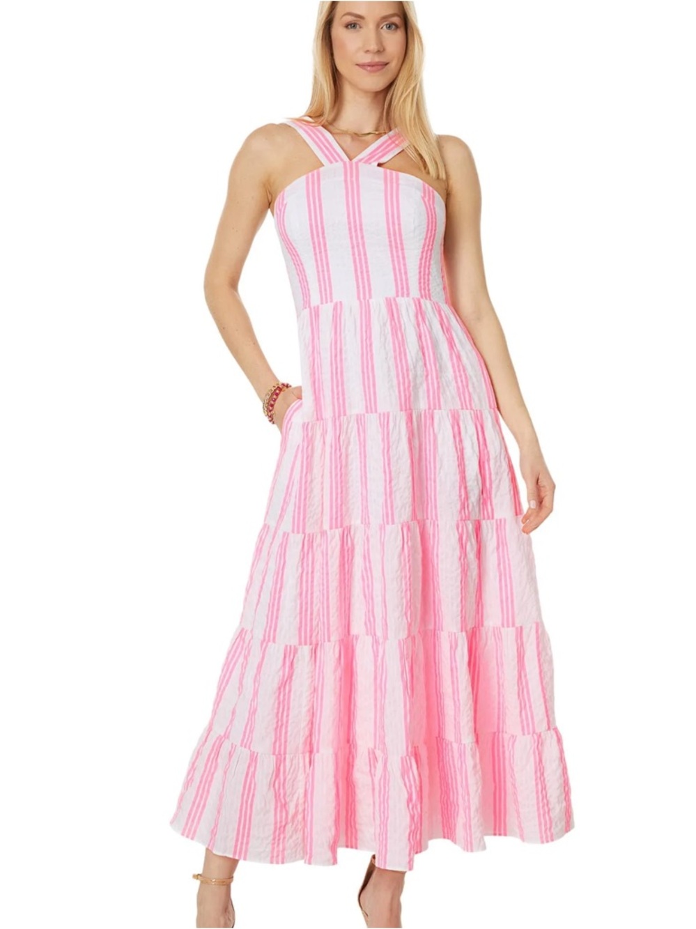 Lilly Pulitzer Jenette Halter Maxi Dress Pink Stripe Size 4